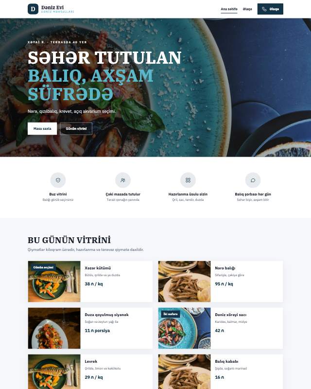 Balıq restoranı · Dəniz veb sayt şablonunun ekran görüntüsü