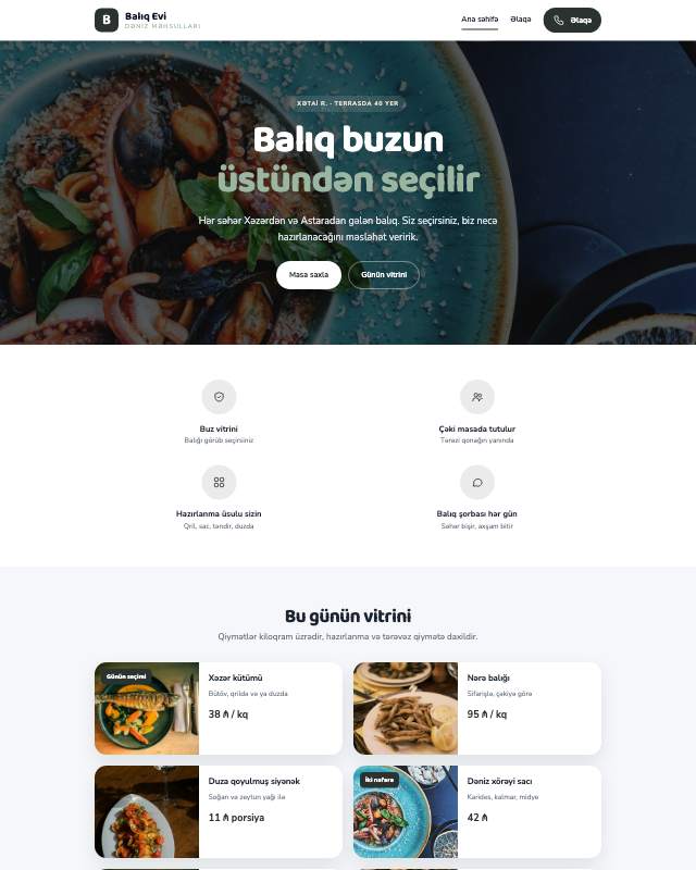 Balıq restoranı · Sakit veb sayt şablonunun ekran görüntüsü