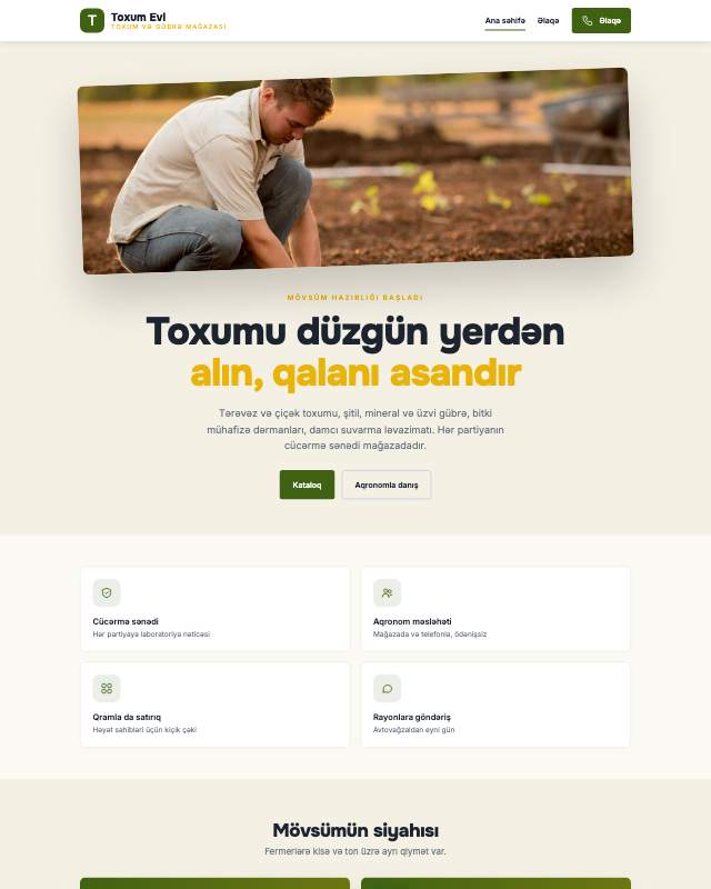 Toxum və gübrə veb sayt şablonunun ekran görüntüsü