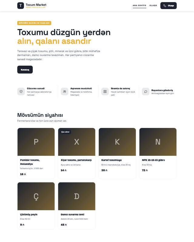 Toxum və gübrə · Canlı veb sayt şablonunun ekran görüntüsü