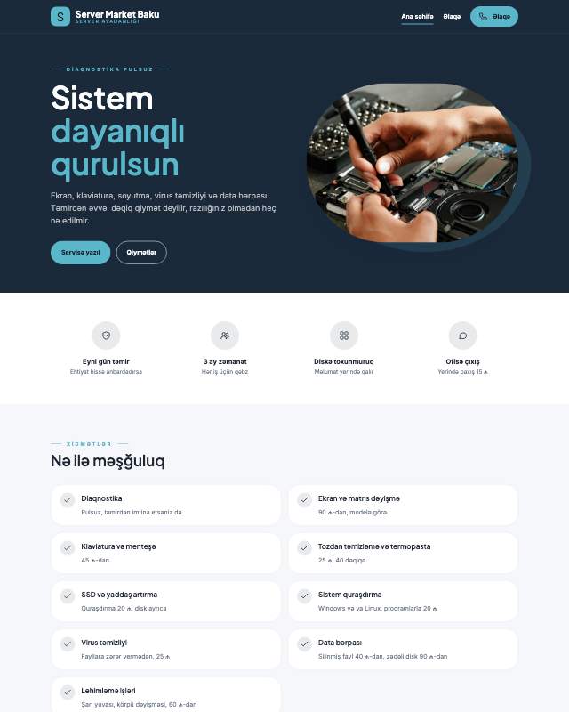 Server satışı · Geniş sayt dizaynının ekran görüntüsü