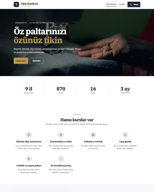 Tikiş kursu üçün veb sayt şablonu «Klassik»: ekran görüntüsü