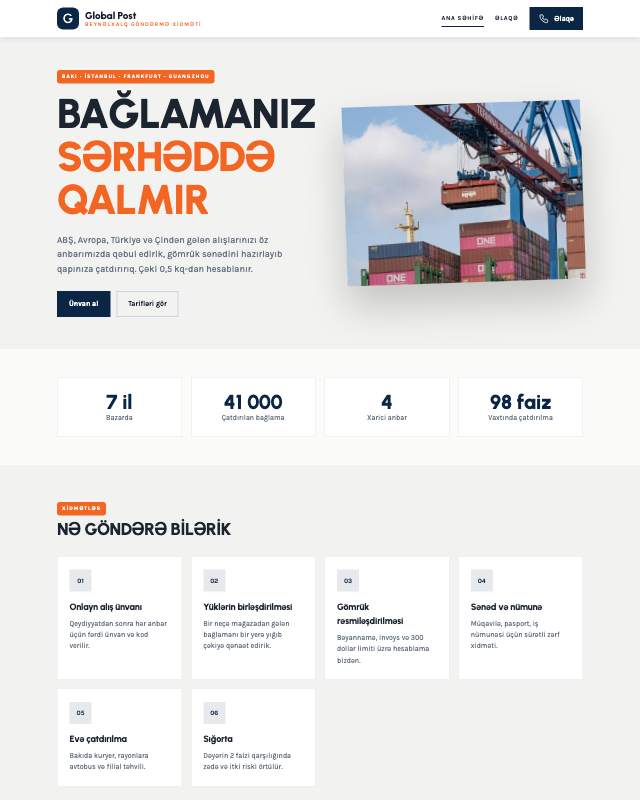 Beynəlxalq karqo xidməti üçün veb sayt şablonunun ekran görüntüsü