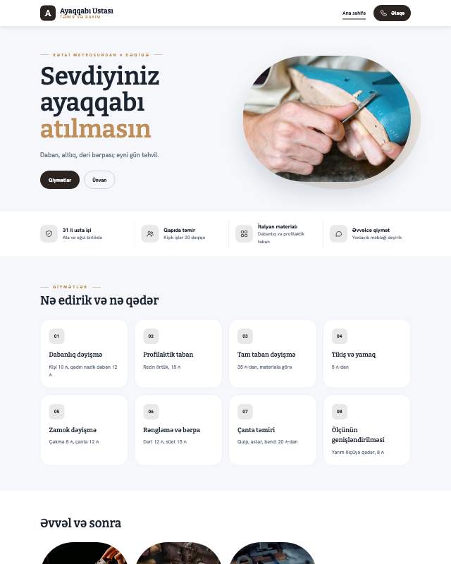Ayaqqabı təmiri · Usta veb sayt şablonunun ekran görüntüsü