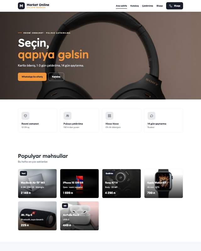 E-ticarət · Vitrin veb sayt şablonunun ekran görüntüsü