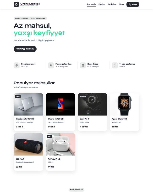 E-ticarət · Minimal veb sayt şablonunun ekran görüntüsü