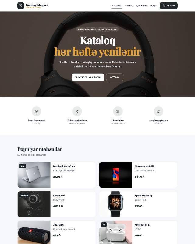 E-ticarət · Kart veb sayt şablonunun ekran görüntüsü