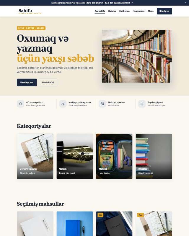 Kitab və kırtasiyyə onlayn mağazası üçün veb sayt şablonunun ekran görüntüsü