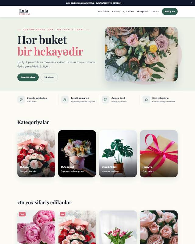 Çiçək və hədiyyə sayt dizaynının ekran görüntüsü