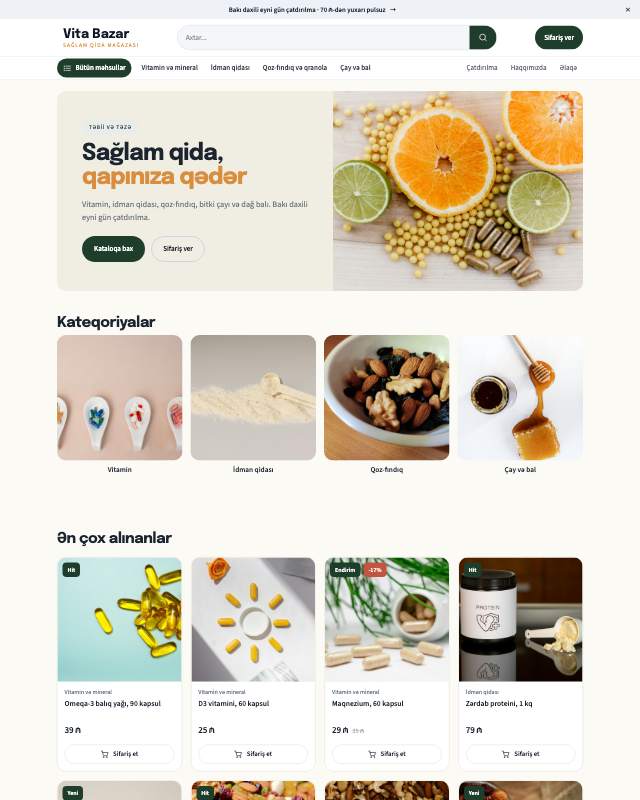Sağlam qida və vitamin sayt dizaynının ekran görüntüsü