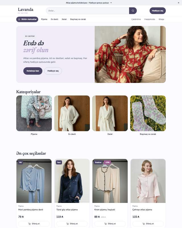Pijama və ev geyimi sayt dizaynının ekran görüntüsü