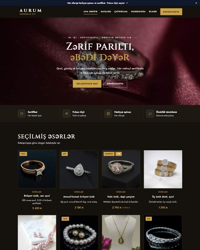 Zərgərlik evi sayt dizaynının ekran görüntüsü