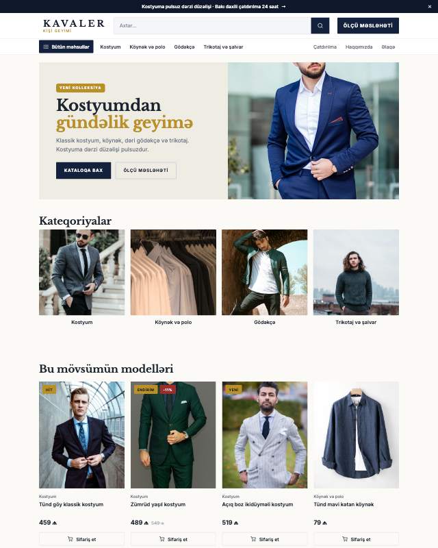 Kişi geyimi sayt dizaynının ekran görüntüsü