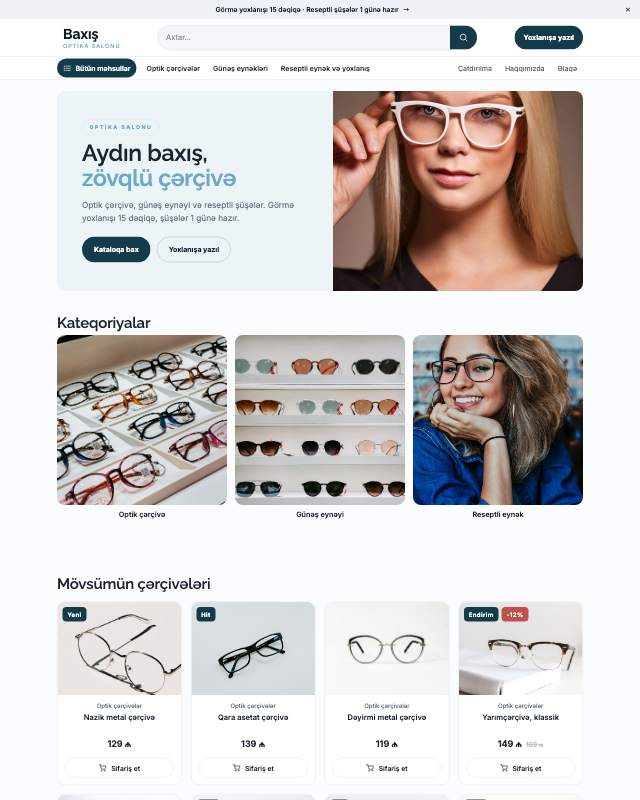 Optika sayt dizaynının ekran görüntüsü