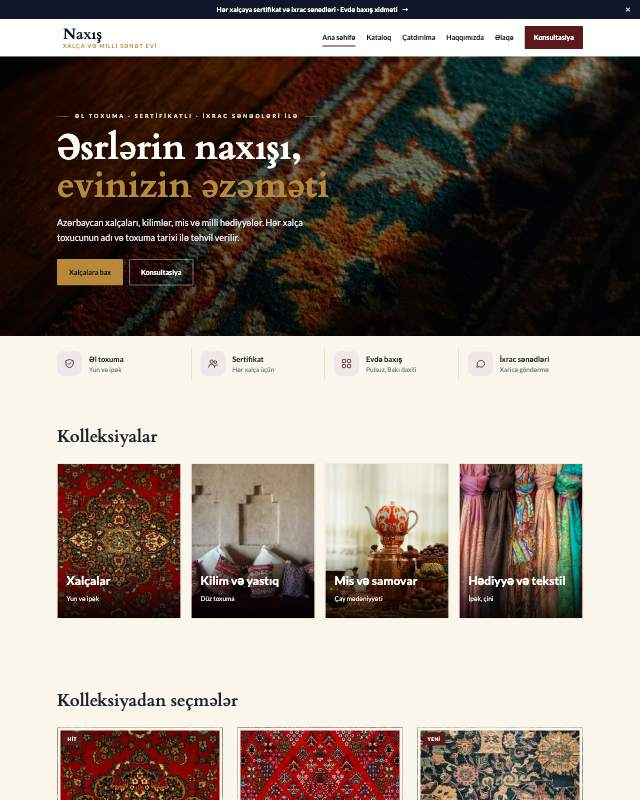 Xalça və kilim onlayn mağazası üçün veb sayt şablonunun ekran görüntüsü