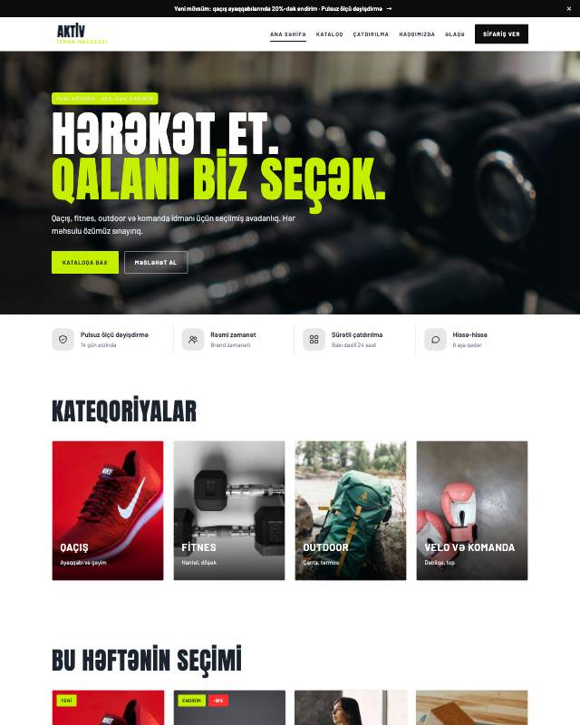 İdman ləvazimatı onlayn mağazası üçün veb sayt şablonunun ekran görüntüsü