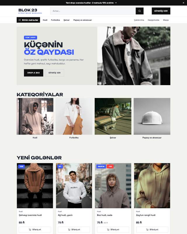 Streetwear sayt dizaynının ekran görüntüsü