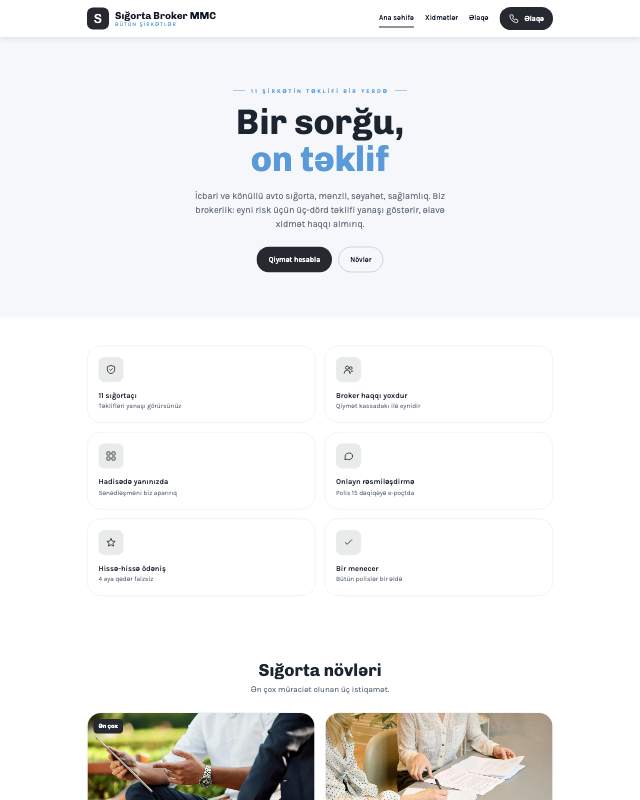 Sığorta brokeri · Minimal sayt dizaynının ekran görüntüsü