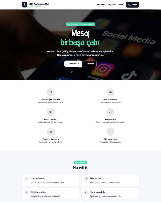 SMS marketinq · Modern veb sayt şablonunun ekran görüntüsü