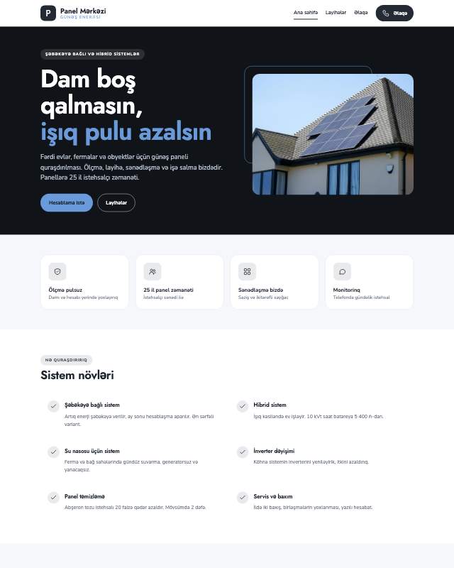 Günəş paneli şirkəti üçün veb sayt şablonu «Sadə»: ekran görüntüsü