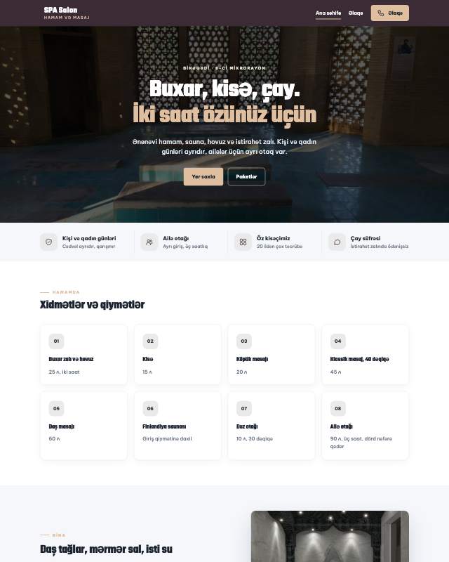 Hamam və SPA mərkəzi üçün veb sayt şablonu «Zərif»: ekran görüntüsü