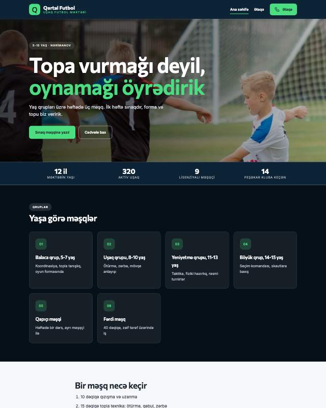 Futbol məktəbi üçün veb sayt şablonunun ekran görüntüsü