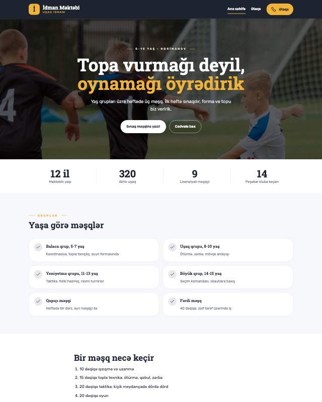 Futbol məktəbi · Canlı veb sayt şablonunun ekran görüntüsü