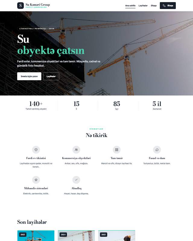 Su kəməri çəkilişi · Modern veb sayt şablonunun ekran görüntüsü