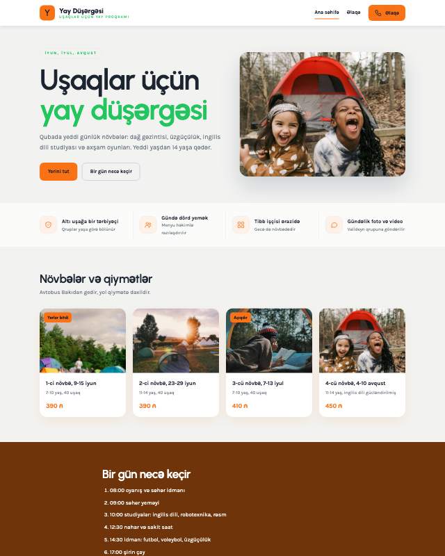 Yay düşərgəsi veb sayt şablonunun ekran görüntüsü