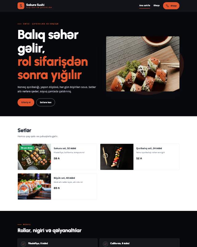 Suşi bar sayt dizaynının ekran görüntüsü