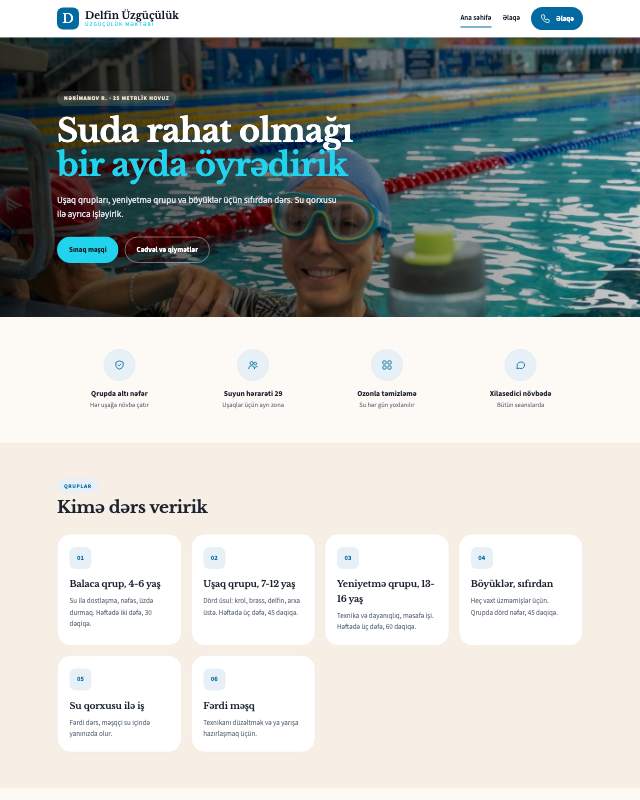 Üzgüçülük məktəbi üçün veb sayt şablonunun ekran görüntüsü
