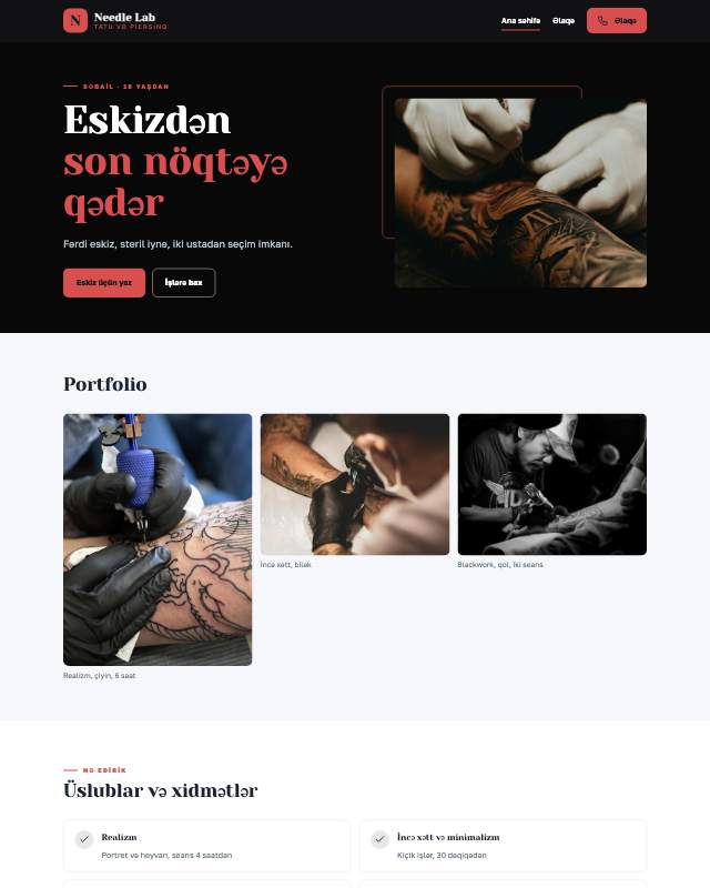Tatu studiyası · Qara sayt dizaynının ekran görüntüsü