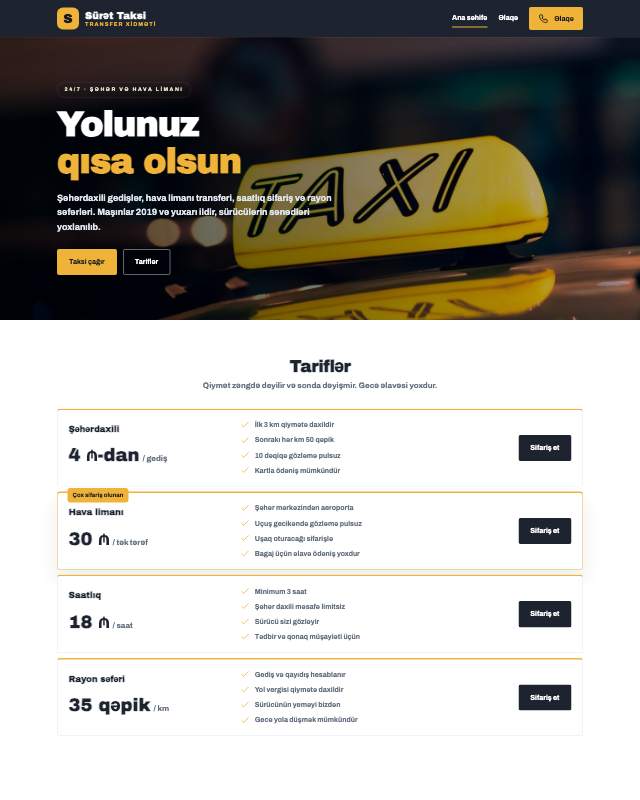 Taksi və transfer · Canlı veb sayt şablonunun ekran görüntüsü