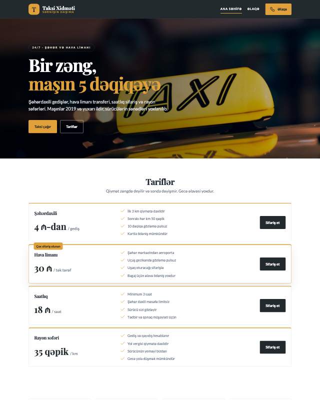 Taksi xidməti üçün veb sayt şablonu «Kart»: ekran görüntüsü
