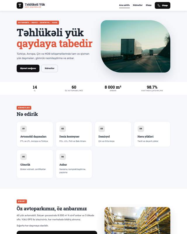 Təhlükəli yük daşınması veb sayt şablonunun ekran görüntüsü