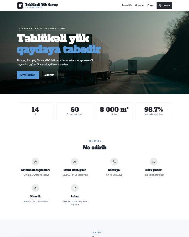 Təhlükəli yük daşıma şirkəti üçün veb sayt şablonu «Minimal»: ekran görüntüsü