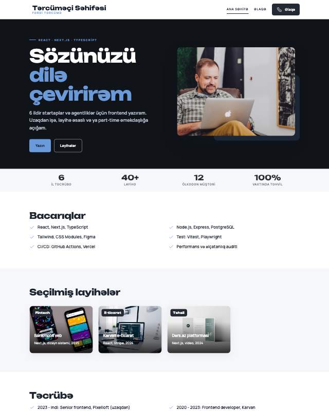Tərcüməçi səhifəsi sayt dizaynının ekran görüntüsü
