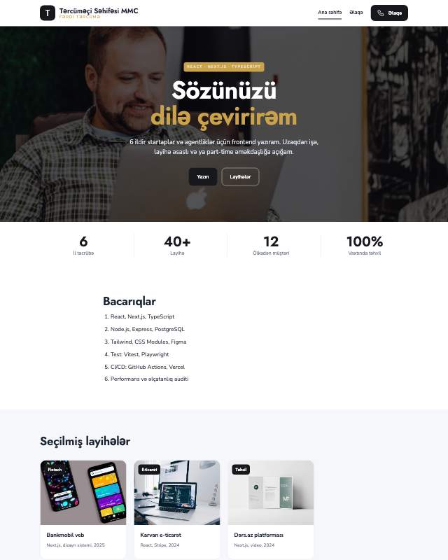 Tərcüməçi səhifəsi · Tünd sayt dizaynının ekran görüntüsü