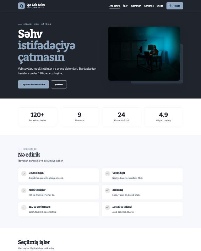 Test laboratoriyası · Studiya sayt dizaynının ekran görüntüsü