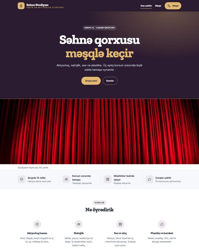 Teatr studiyası üçün veb sayt şablonunun ekran görüntüsü