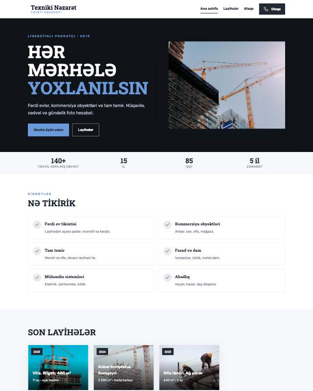 Tikinti nəzarəti xidməti üçün veb sayt şablonunun ekran görüntüsü