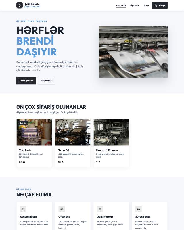 Şrift dizayneri üçün veb sayt şablonunun ekran görüntüsü