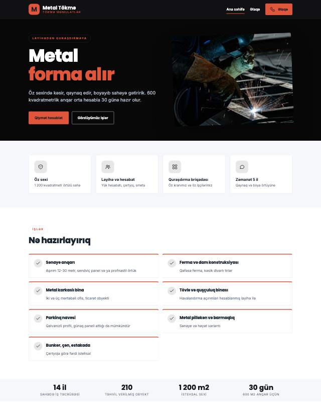 Metal tökmə zavodu üçün veb sayt şablonunun ekran görüntüsü