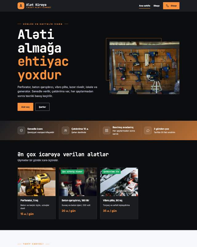 Alət icarəsi veb sayt şablonunun ekran görüntüsü