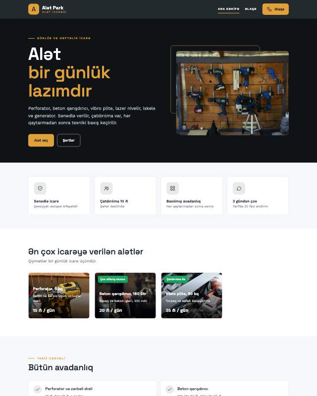 Alət icarəsi · Kart veb sayt şablonunun ekran görüntüsü