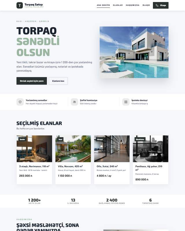 Torpaq satışı üçün veb sayt şablonunun ekran görüntüsü