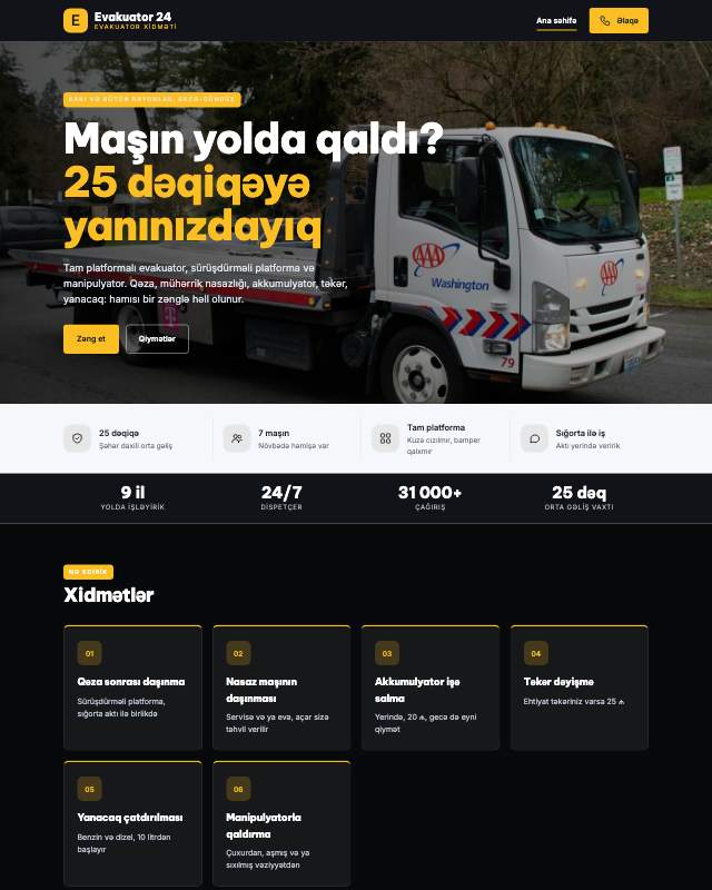 Evakuator veb sayt şablonunun ekran görüntüsü