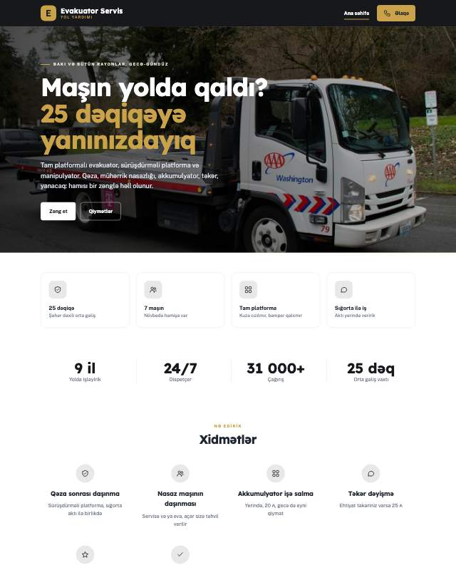 Evakuator · Tünd veb sayt şablonunun ekran görüntüsü