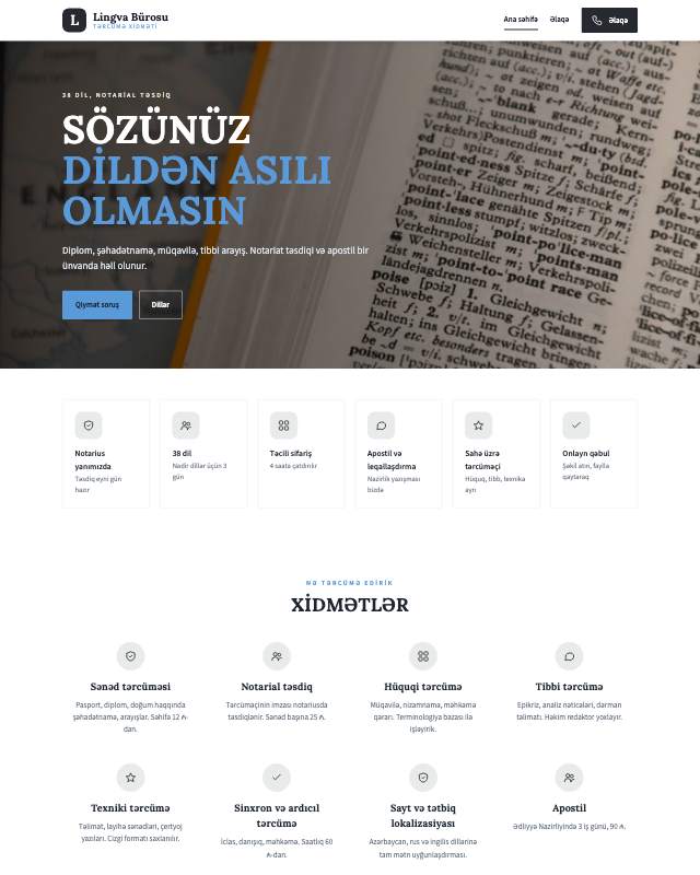 Tərcümə bürosu · Minimal veb sayt şablonunun ekran görüntüsü