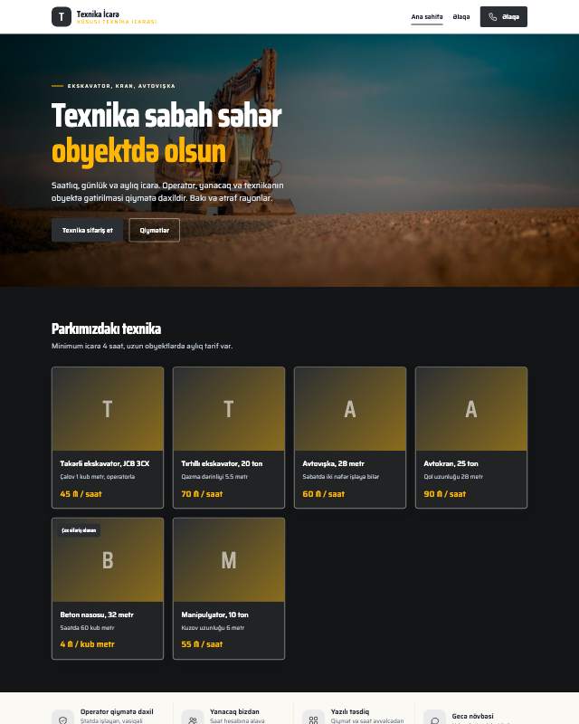 Xüsusi texnika icarəsi veb sayt şablonunun ekran görüntüsü